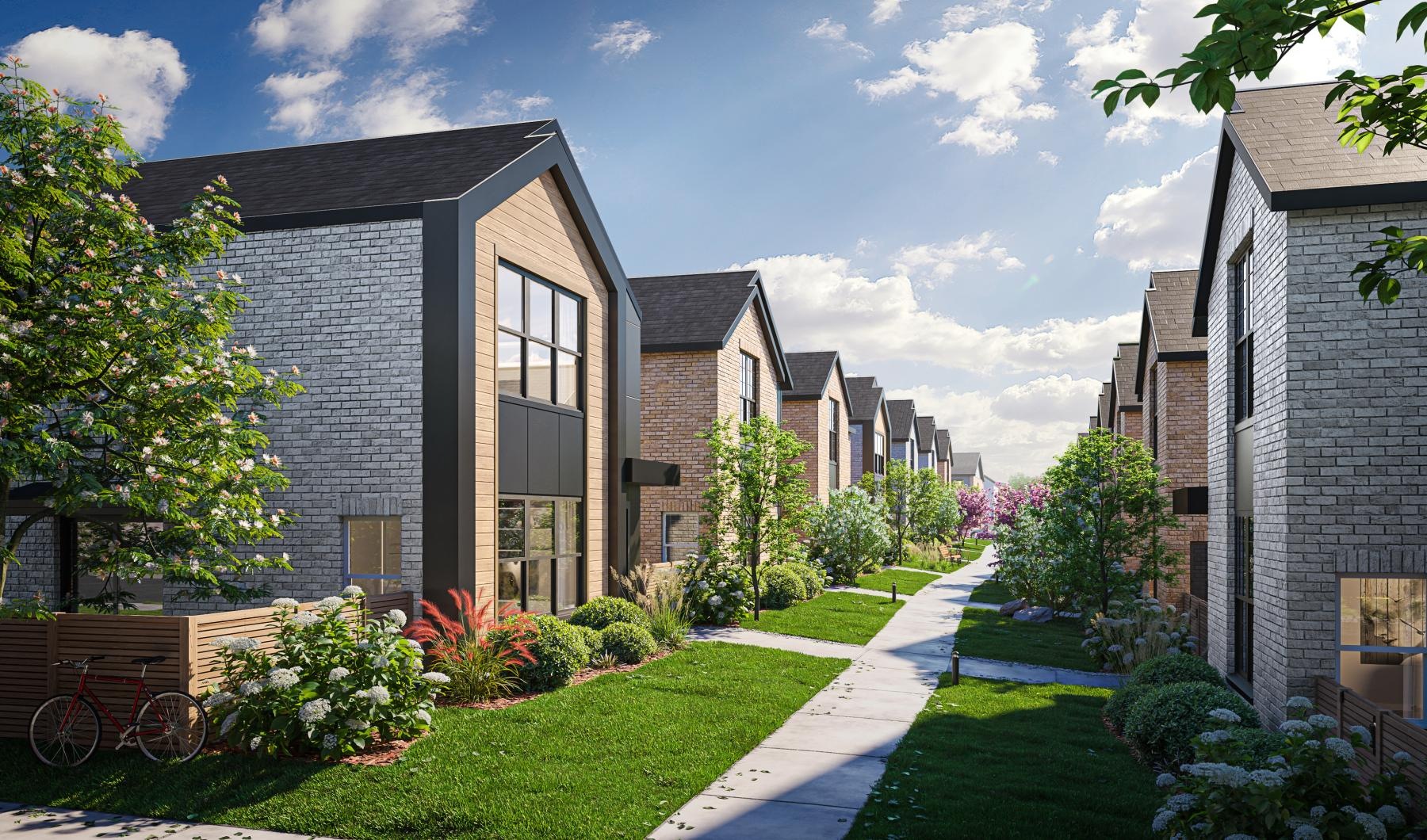 row of homes with walking paths in between